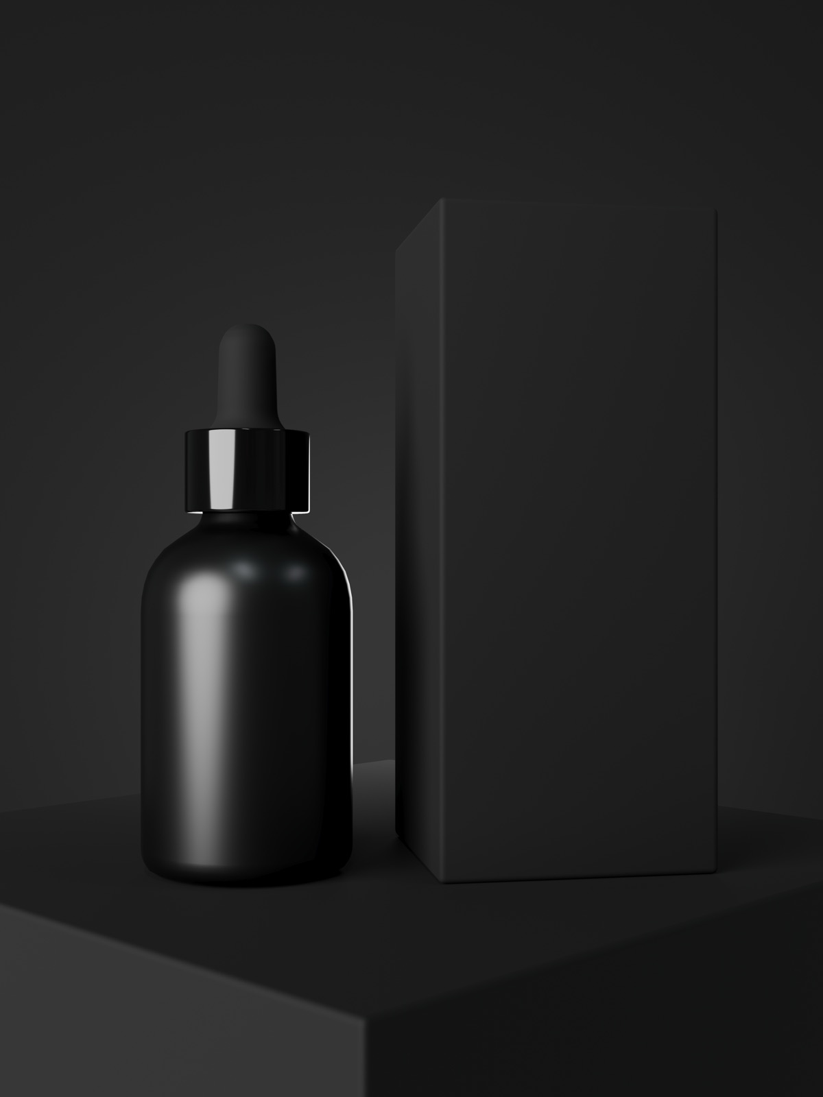 Mockup packaging nero: flaconcino e box su fondo scuro