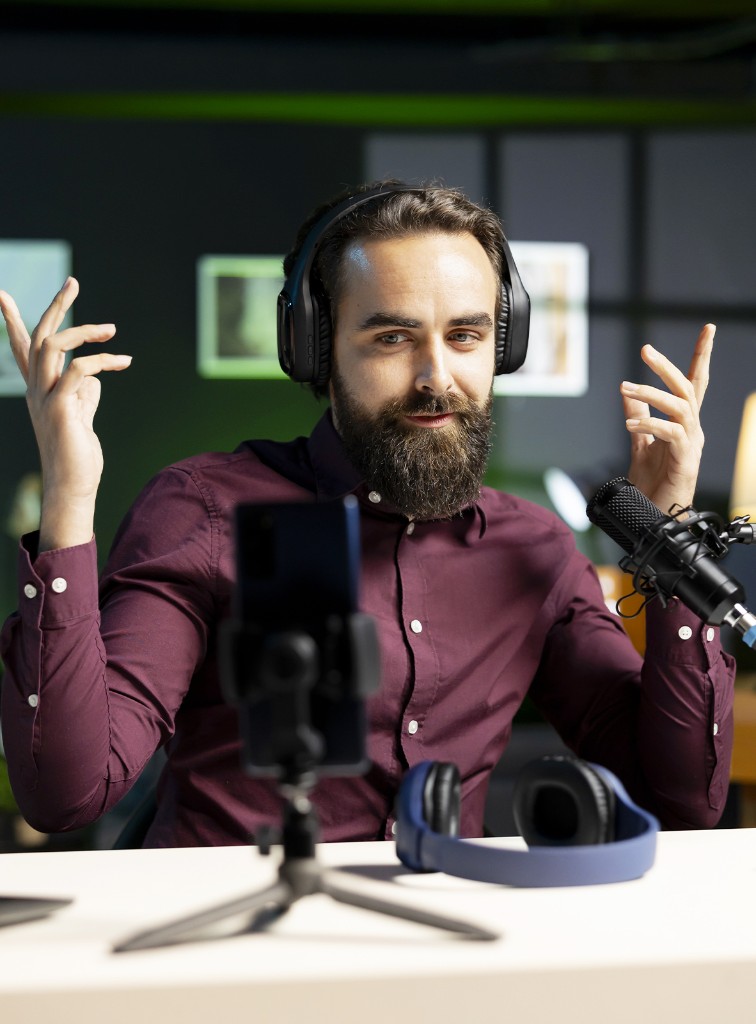 Registrazione podcast con microfono e cuffie